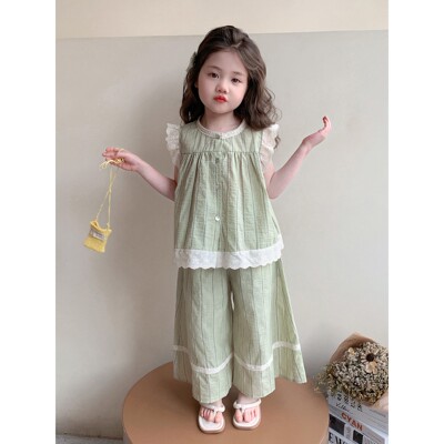 女童花边无袖套装2026夏装新款宝宝韩系阔腿裤长裤两件套儿童衣服