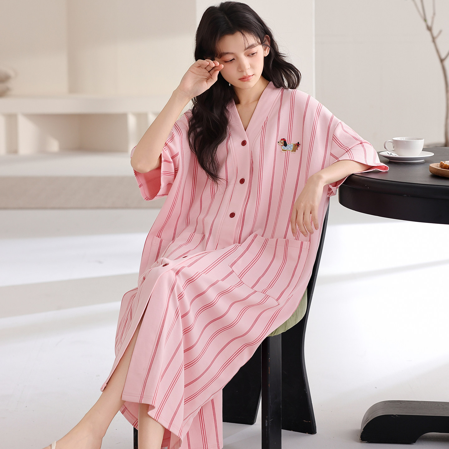 甜美少女风纯棉短袖睡裙女夏季V领条纹开衫休闲宽松家居服可外穿