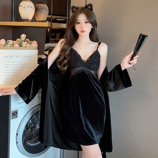 秋冬季性感睡衣女款金丝绒吊带睡裙睡袍两件套高级感带胸垫家居服