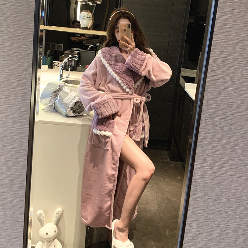 睡袍女款秋冬季加厚加绒保暖长款