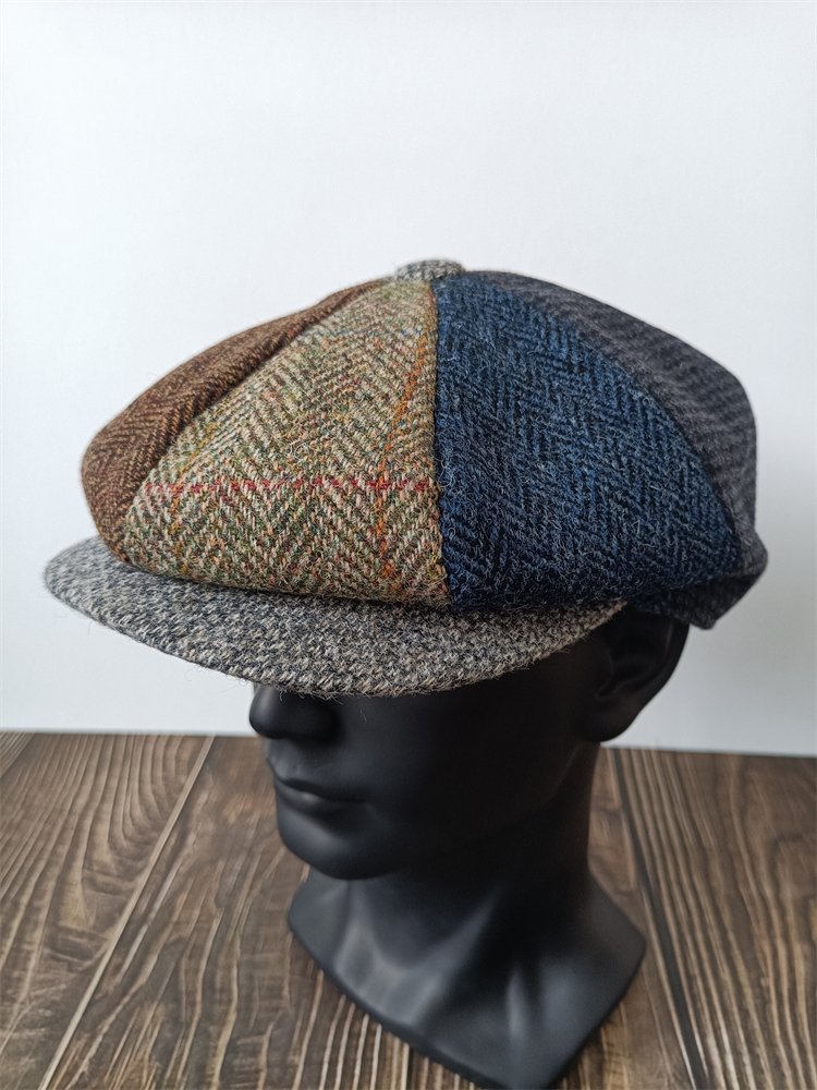 拼接纯羊毛帽子男女粗花呢八角帽