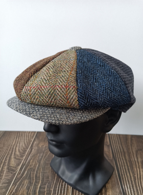 时尚拼接报童帽纯羊毛八角帽经典哈里斯Harris男女Moon粗花呢帽子