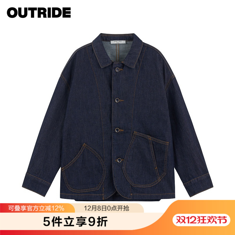 越也中大童牛仔外套春季新品休闲复古廓形深色牛仔外套上衣