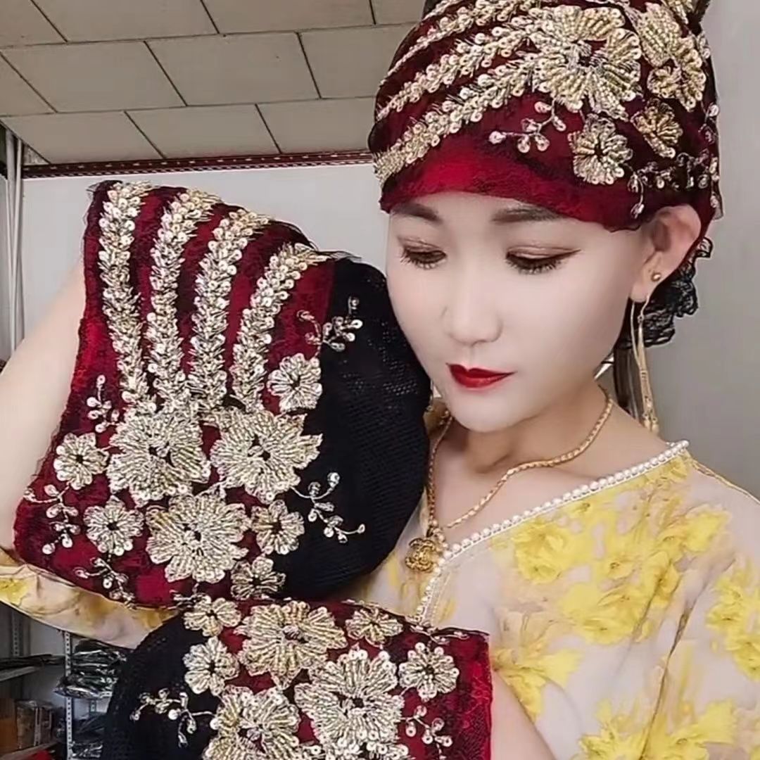 新女网红凤尾花拼接后花包头帽亮片洋气遮盖白发帽子回族帽子