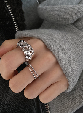 饰尚e族韩版不规则戒指女复古简约双层线条几何开口指环食指戒子