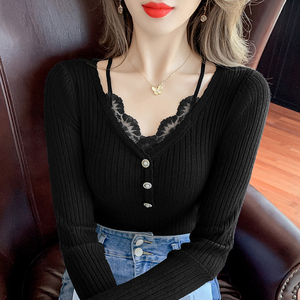 RM22286#新款蕾丝花边假两件长袖修身上衣小心机珍珠扣针织衫