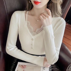 RM22286#新款蕾丝花边假两件长袖修身上衣小心机珍珠扣针织衫