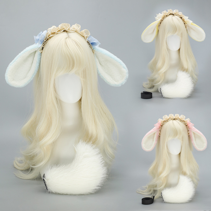 lolita爱丽丝兔耳朵KC兔耳兔尾巴套装cos蝴蝶结兔耳朵毛绒发箍