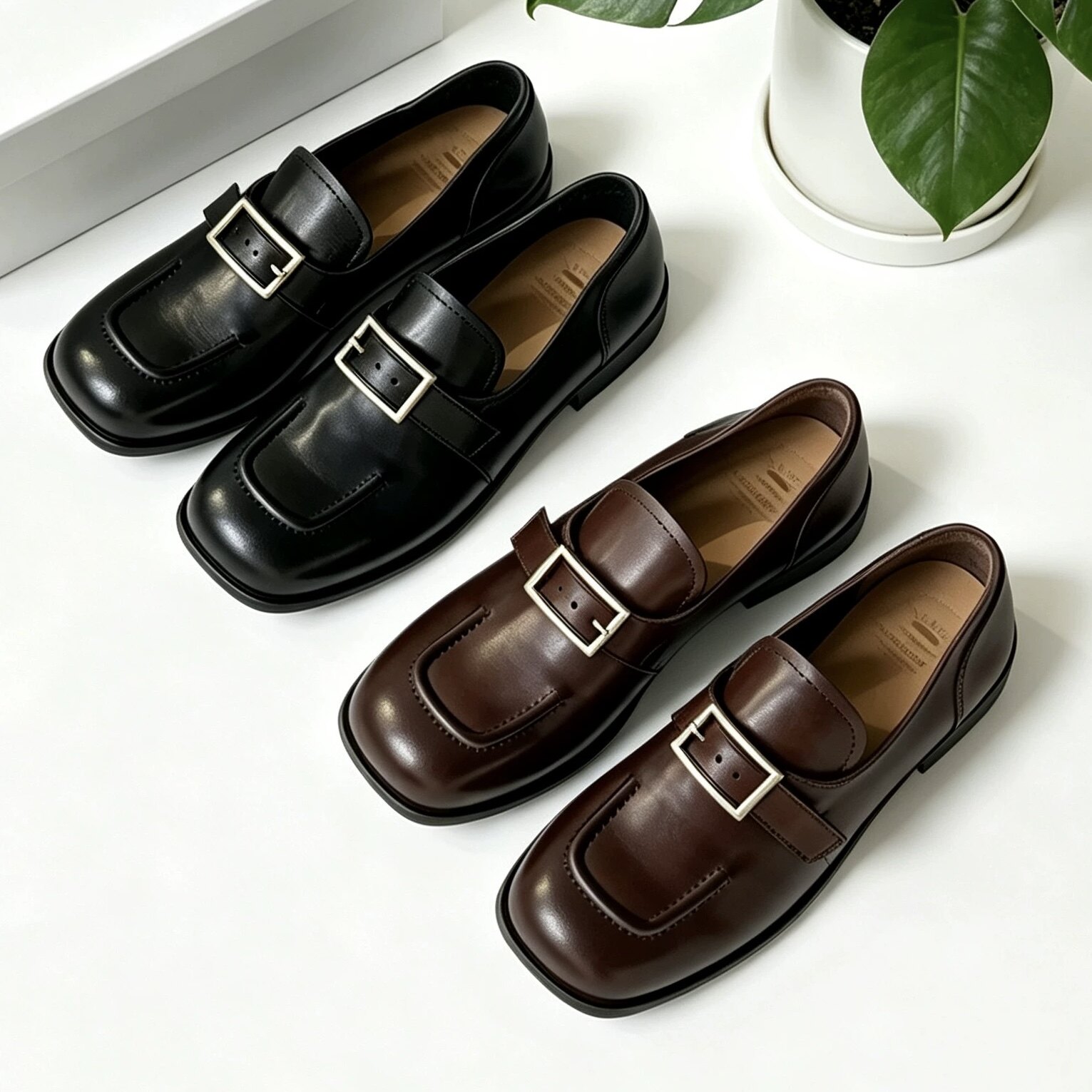 方扣乐福鞋女真皮粗跟复古擦色方头小皮鞋通勤百搭软底不累脚单鞋