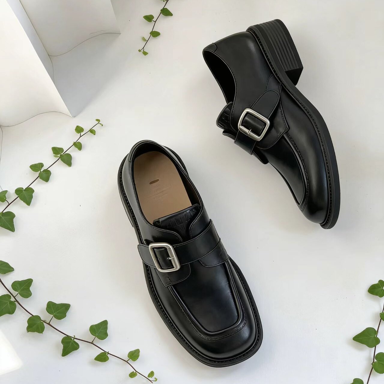 真皮乐福鞋女2026新款方头搭扣粗跟小皮鞋 通勤软底不累脚单鞋