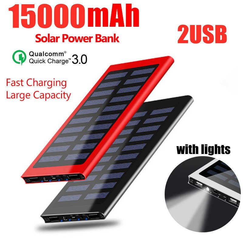 solar power bank external battery 15000mah dual usb with led
