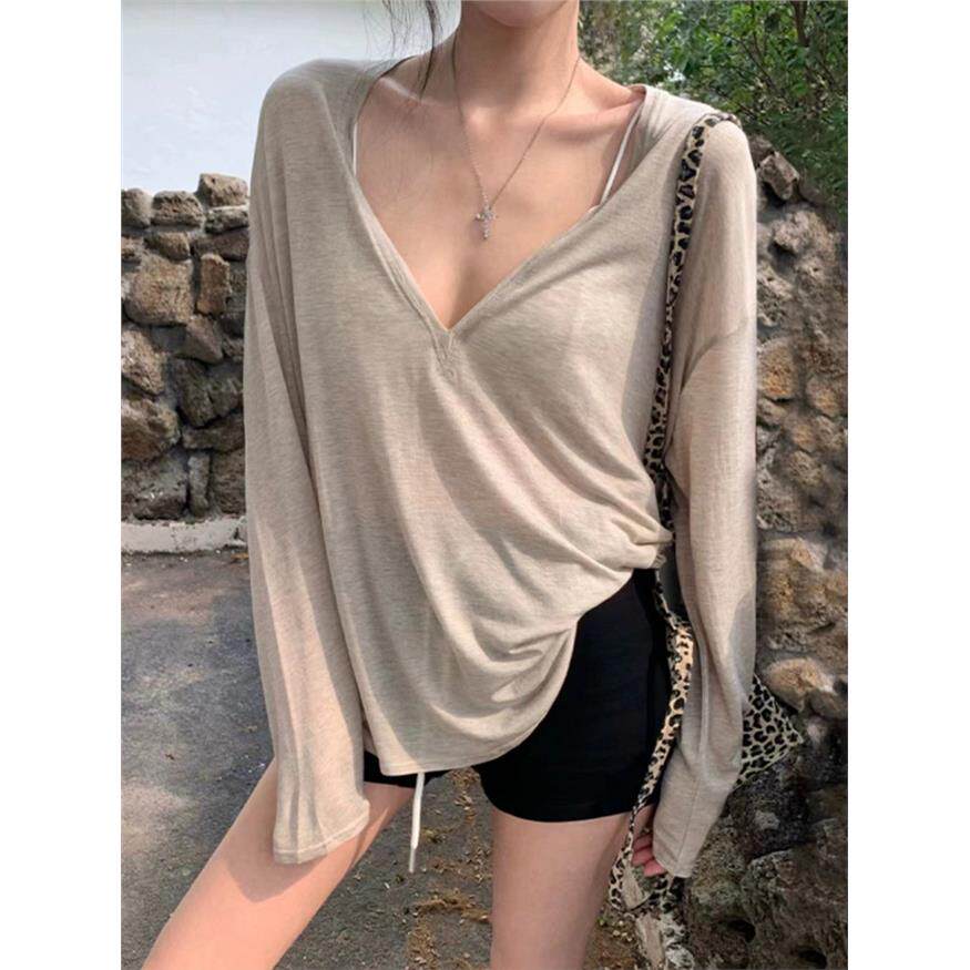 松弛感慵懒风V领宽松套头长袖防晒T恤女夏纯欲薄款罩衫空调衫上衣