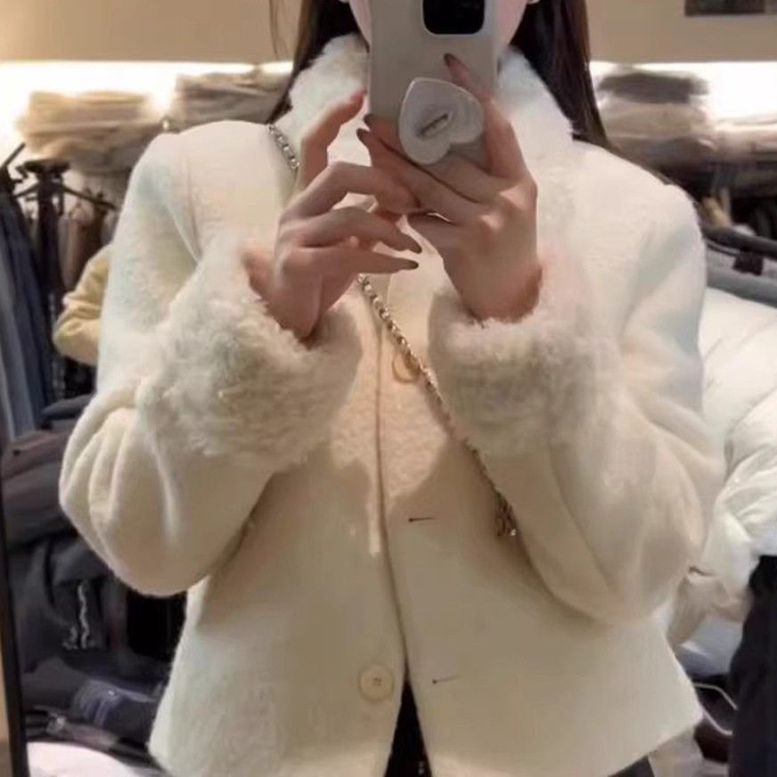 韩系小香风羊羔毛翻领呢子外套女2026年秋冬季小个子气质夹棉棉衣