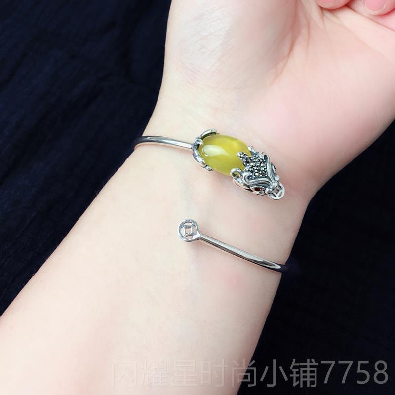 正品S925纯银手镯男榴女款复古宝石民族风新石热石貔貅元旦年卖礼