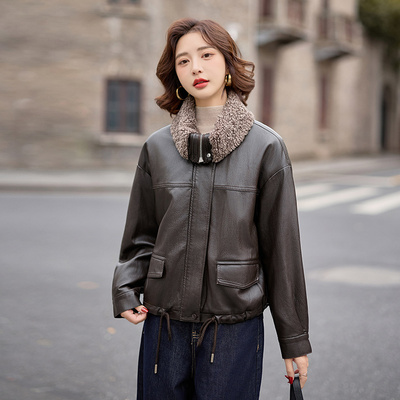 皮衣外套女2025新款小个子翻领高级感宽松短款加绒加厚保暖上衣女