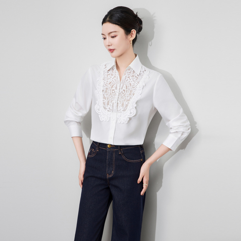 法式白色镂空绣花别致简约衬衫秋