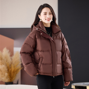咖色连帽羽绒服女短款2025冬季新款高级感小个子时尚宽松鸭绒外套