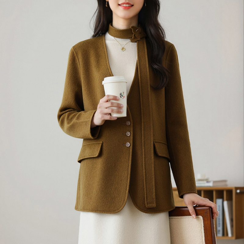 轻奢高级感气质带围巾双面羊绒大衣女2025秋冬新款小个子毛呢外套