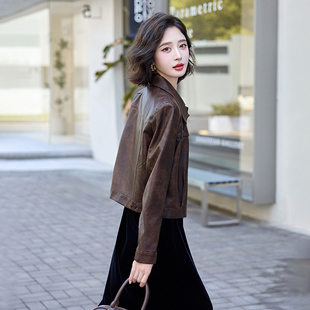 设计感短款 春秋复古翻领港风机车小个子PU皮夹克 皮衣外套2026爆款