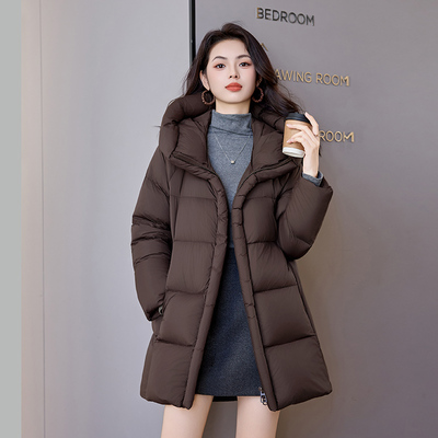 羽绒服冬季女款中长款2025新款高级感时尚连帽收腰加厚白鸭绒外套