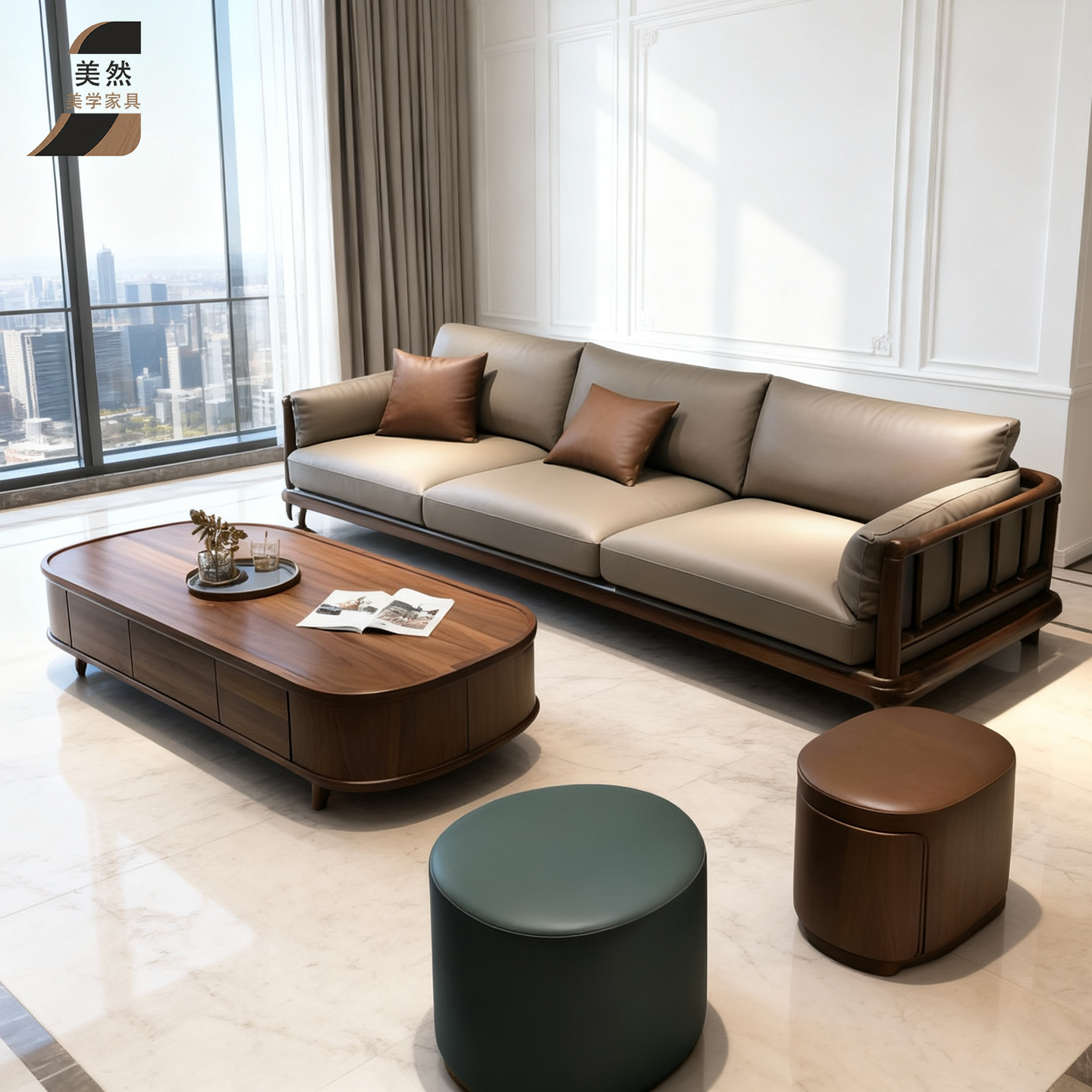 新中式北美黑胡桃木实木沙发