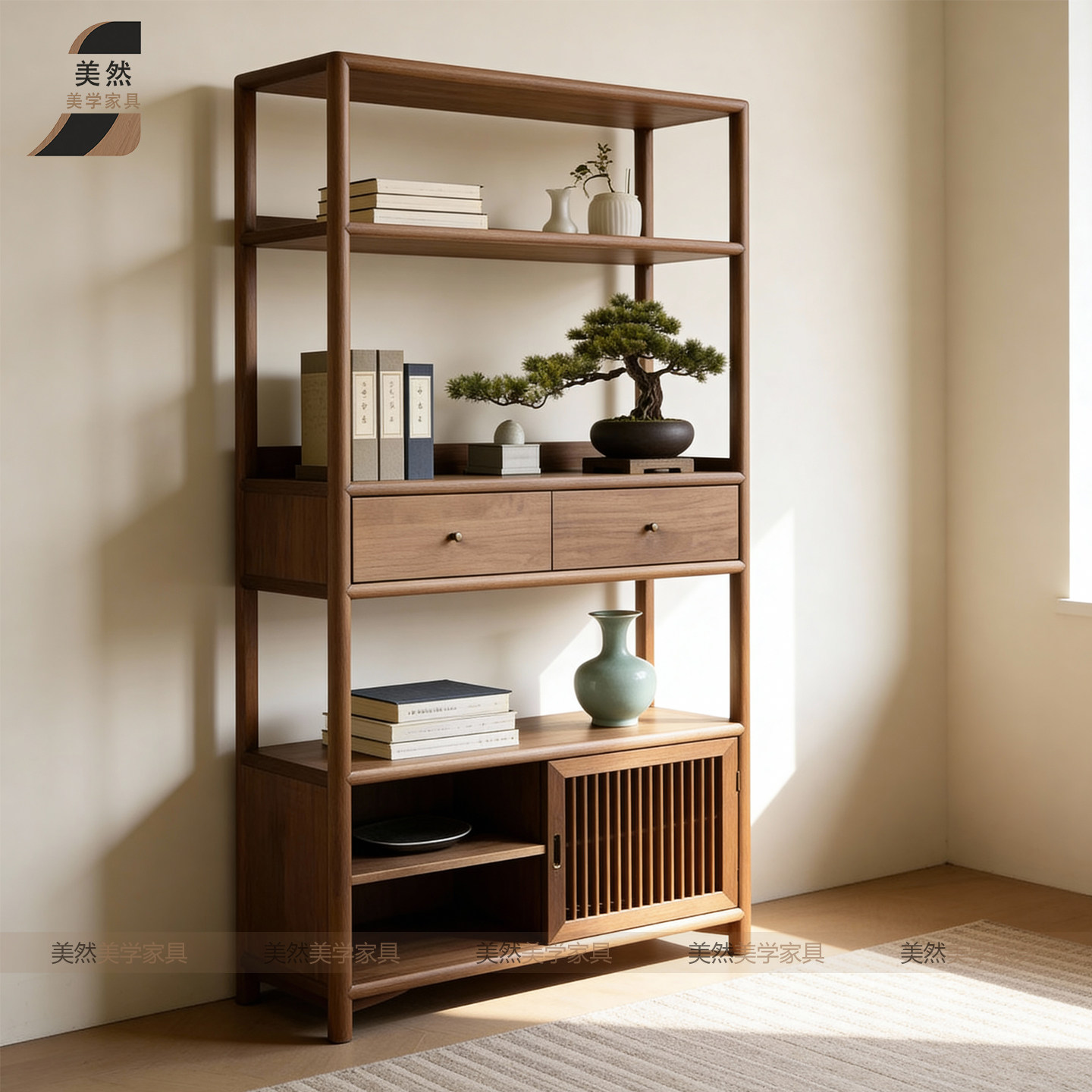 新中式黑胡桃实木高端博古架