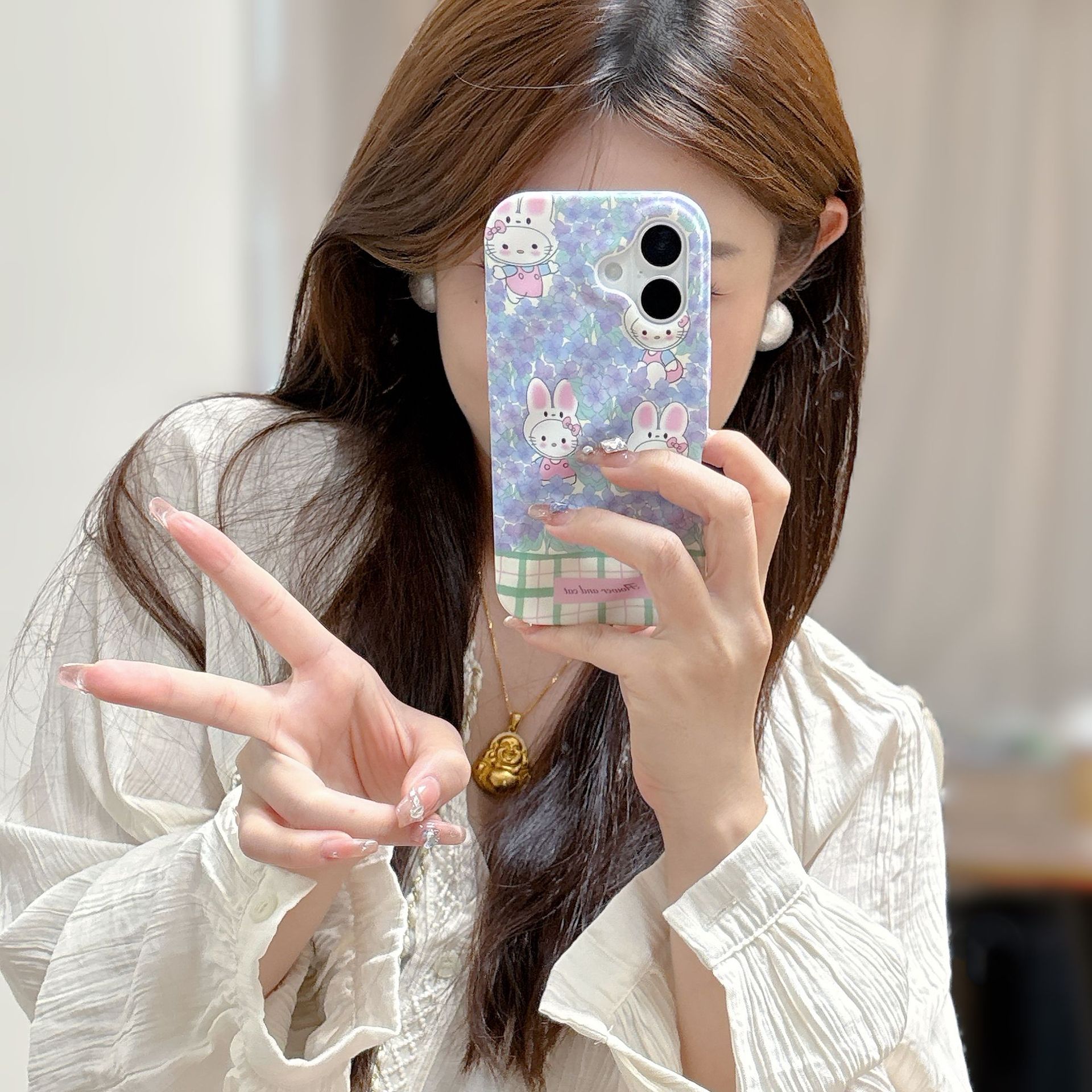 ins少女心碎花小兔适用苹果15手机壳新款iPhone16promax可爱女款14Pro褶皱软壳15Promax仙女风16PM全包保护套