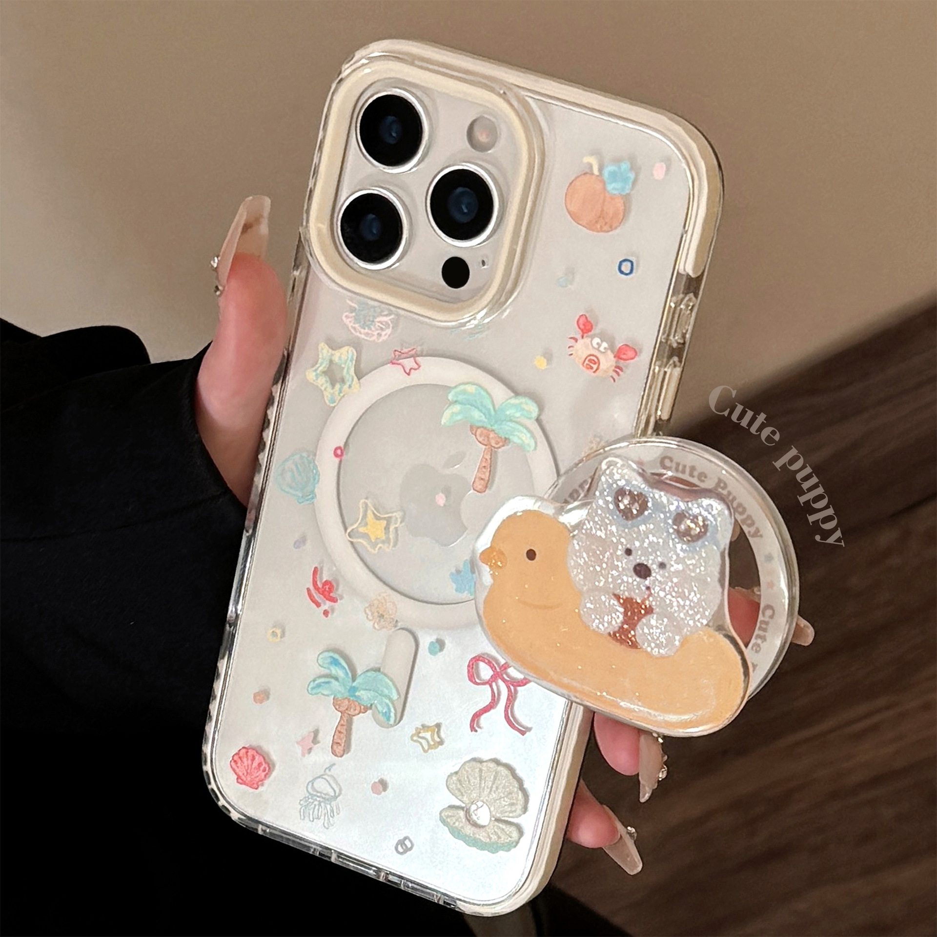 夏日小清新适用苹果15promax手机壳iPhone16pro新款13Pro可爱小狗磁吸支架15Pro全包防摔14Pro小众爆款保护壳