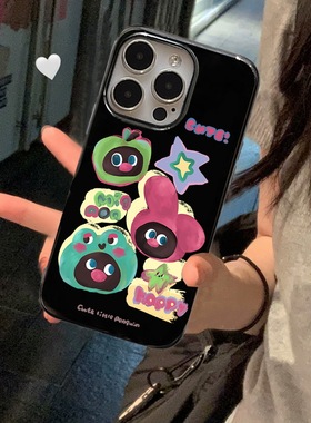 ins油画卡通适用iPhone16promax苹果15不会撞壳的手机壳16Puls新款XR亮黑色11软硅胶15Pro网红14爆款保护壳套