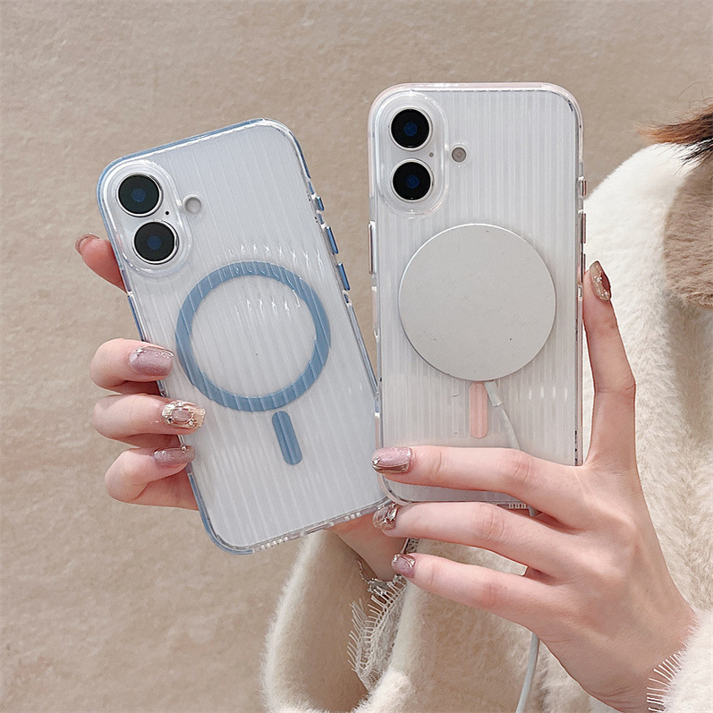 简约条纹适用苹果16promax磁吸手机壳新款iPhone16PRO透明软壳12小众14puls个性防摔15pro磁吸充电13pm保护套