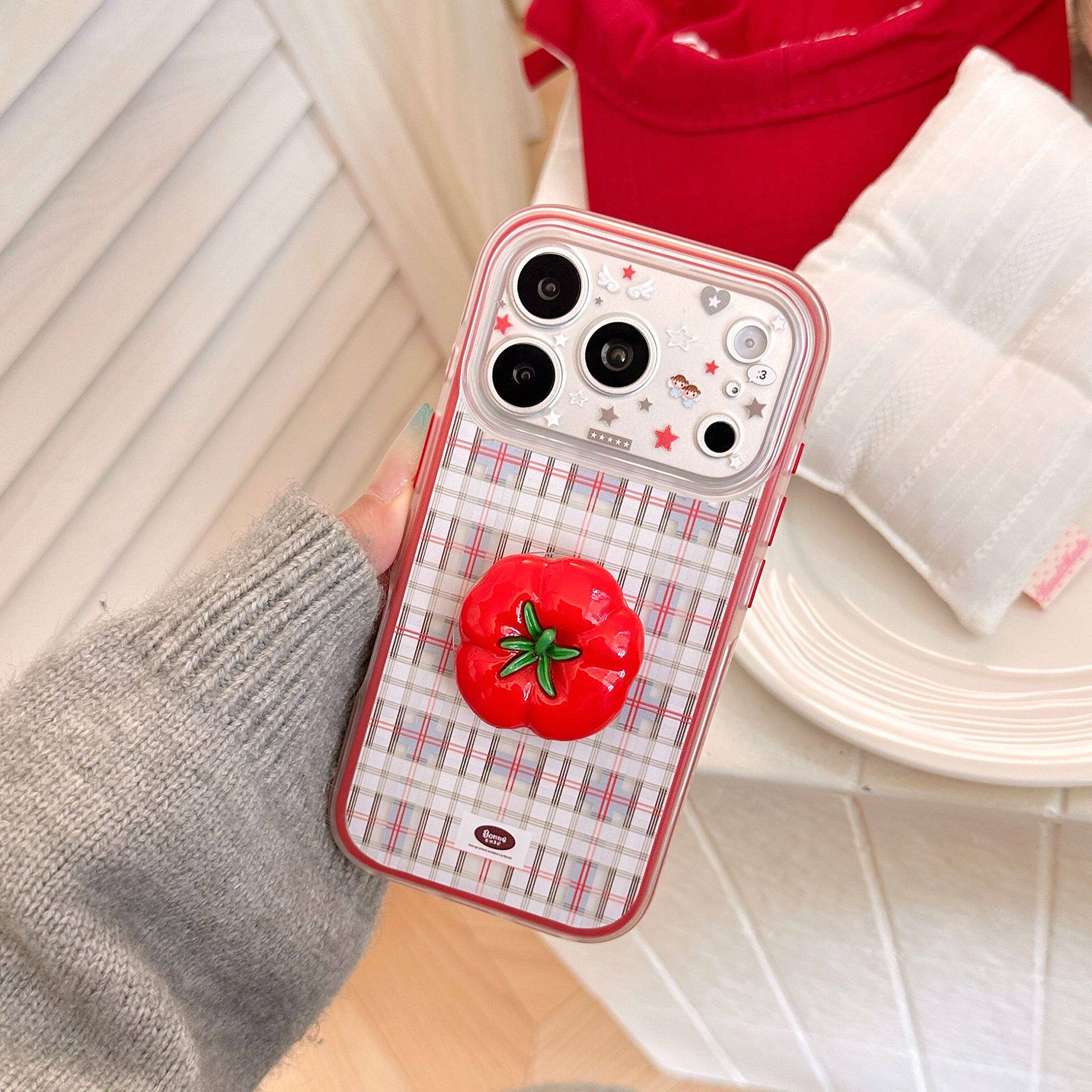 【18相机触控按键包裹】ins风个性简约格纹番茄支架适用iPhone18promax新款苹果18pro手机壳17PM可爱女款软套