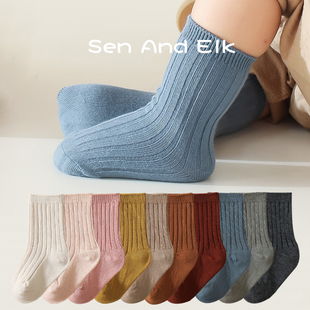 儿童袜子春秋纯棉中筒袜粗条纯色男女宝宝秋冬短袜精梳棉婴儿薄款