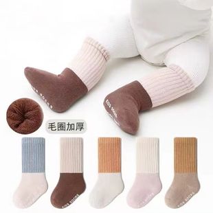 新生婴儿袜子秋冬季 加绒加厚男女童幼儿松口袜冬天0一3宝宝无骨袜