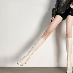 牛皮版~高筒长靴子女小个子不过膝高跟粗跟骑士靴白色显瘦长筒靴