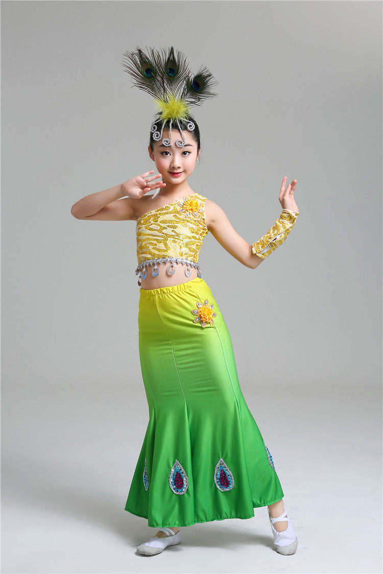 女童少儿新款儿童表演服装民族傣族舞蹈服弹力鱼尾裙包臀孔雀渐变