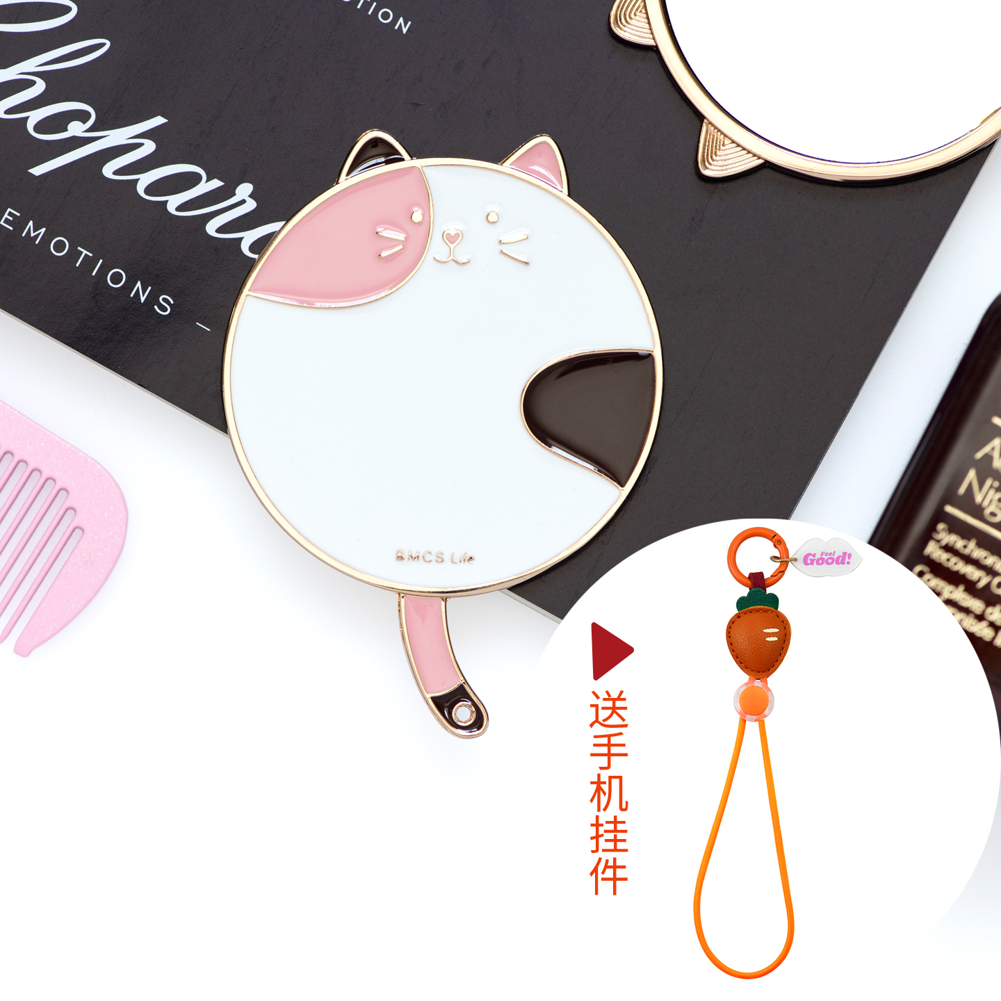 女可爱猫ins圆形迷你镜化妆镜