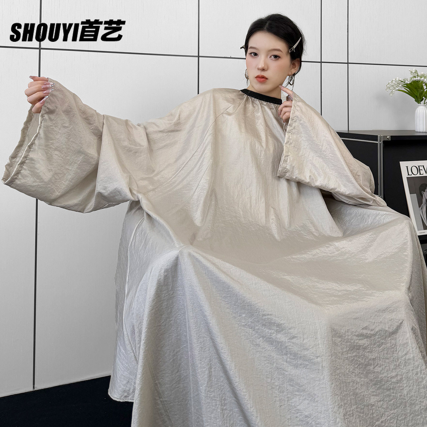 薄款加长带袖理发店美发围布高档发廊专用剪发围布透气防水不沾发