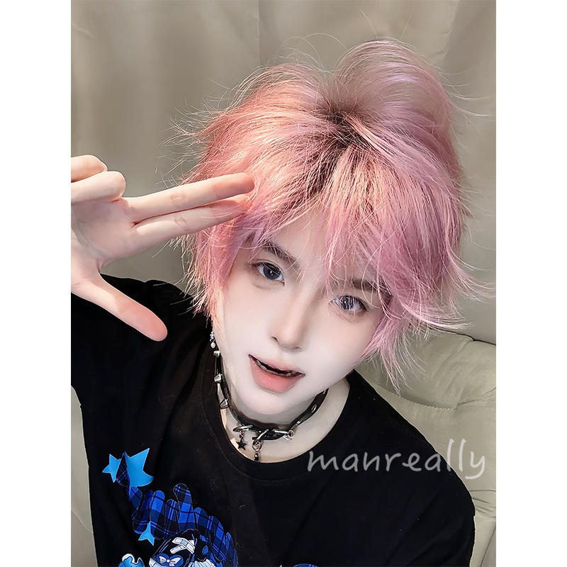 漫真假发男短发粉色渐变韩版