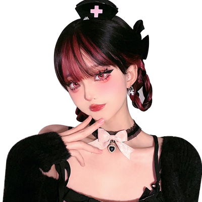 漫真黑色挑染红空气刘海假发