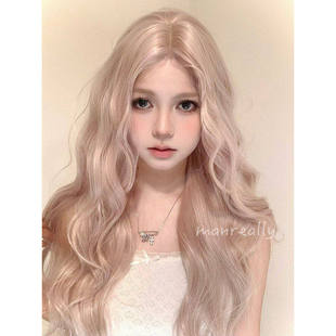 漫真假发香槟粉长卷发日常时尚Doll感自然蓬松lolita前蕾丝全头套