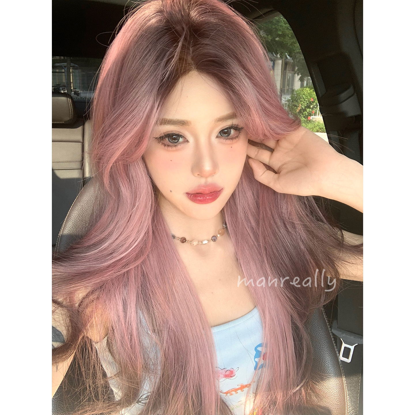 漫真假发草莓黑粉渐变染长卷发