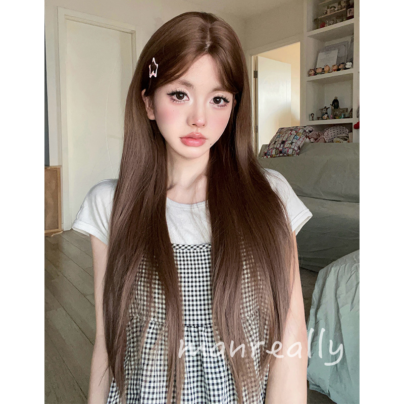 漫真假发前额蕾丝女发直发仿真人发暖茶色日常中分自然女全头套