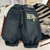 子中小童加绒长裤 男童冬季 儿童柔软弹力裤 2025新款 潮 一体绒牛仔裤