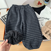 冬装 一体绒呢子裤 2025新款 男童加绒格子裤 儿童宽松束脚裤 洋气百搭