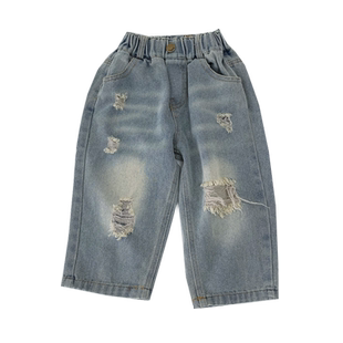 儿童破洞牛仔裤春装新款韩版男童潮酷乞丐裤子宽松时尚痞帅直筒裤