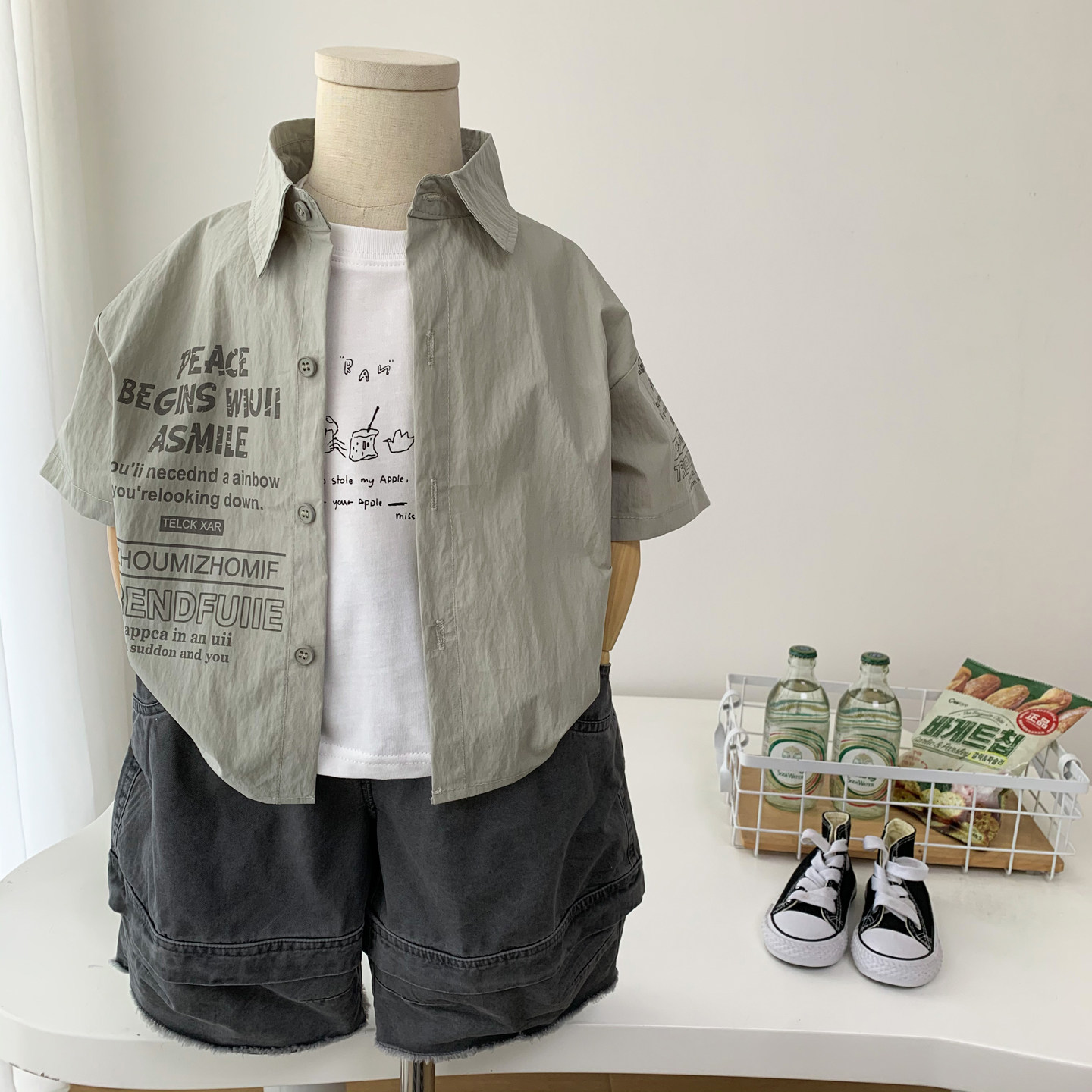 男童短袖衬衫套装韩版男孩字母印花衬衣潮酷牛仔五分裤夏装两件套