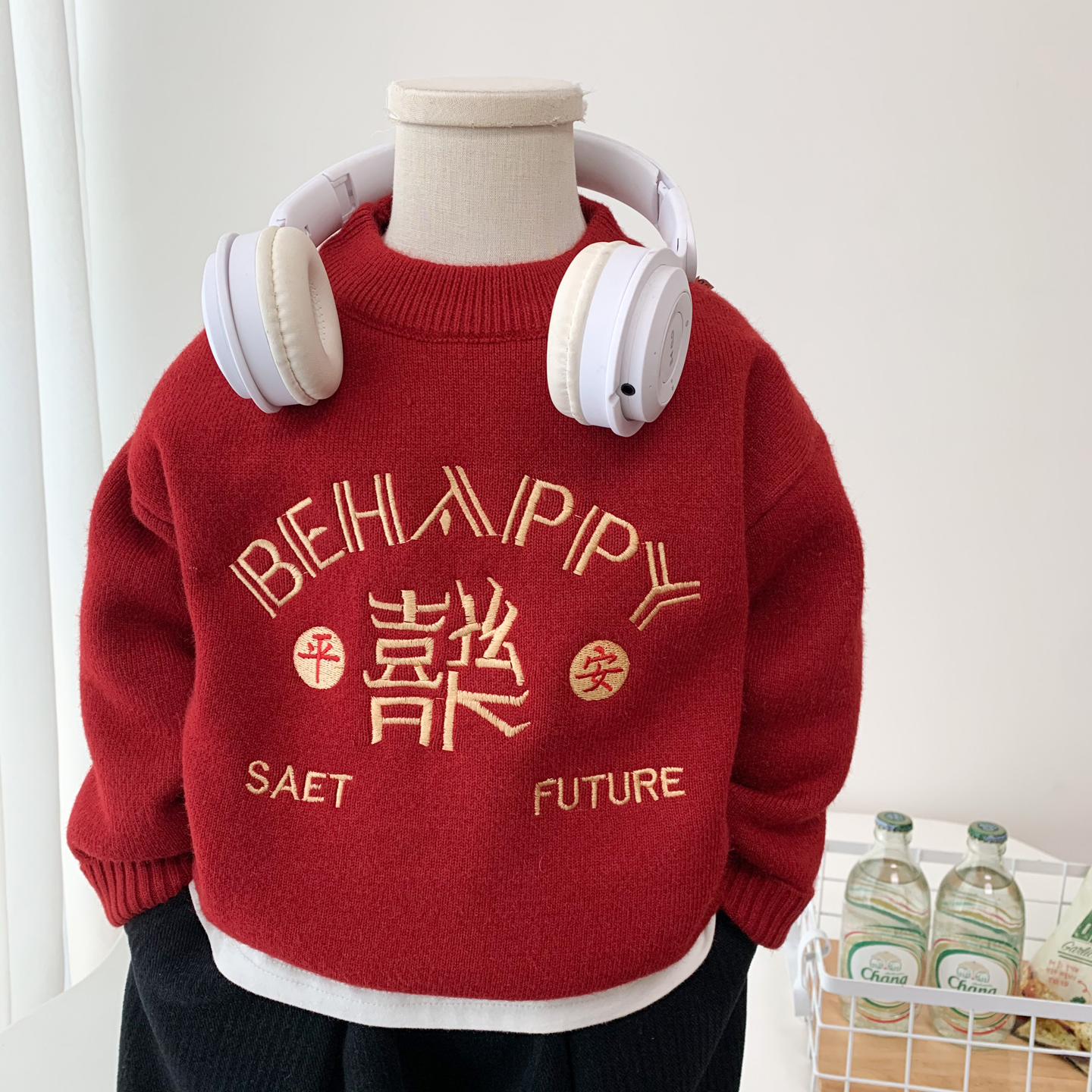 男女童平安喜乐一体绒毛衣针织衫