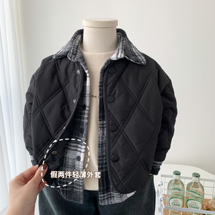 男童夹棉外套秋冬2024新款 假两件上衣帅气中小童轻薄棉衣 男孩时尚