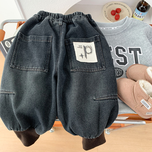 男童加绒牛仔束脚裤2025冬季儿童韩版宽松裤子潮酷时髦洋气灯笼裤