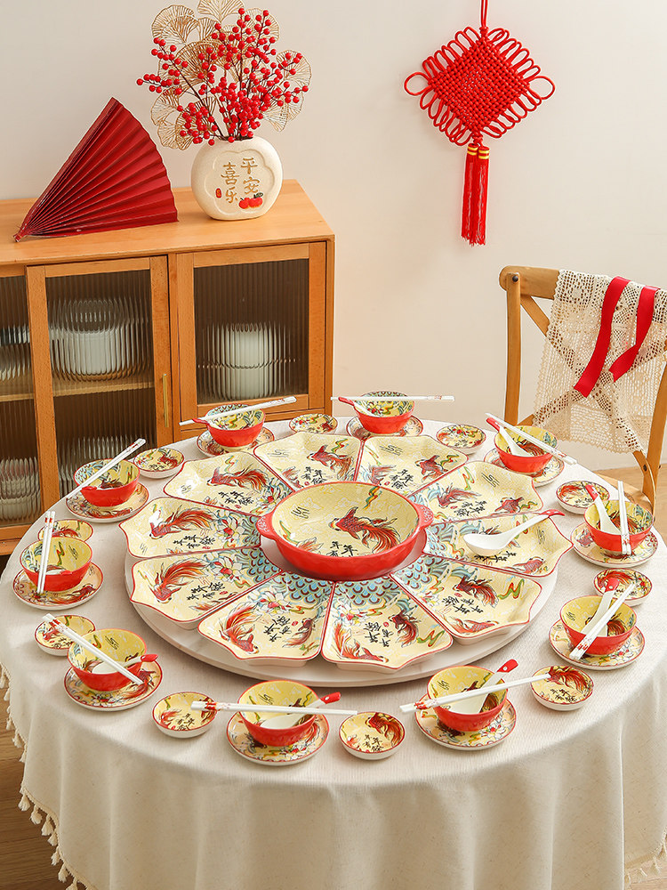 网红创意拼盘年年有鱼釉下彩陶瓷餐具组合年夜饭聚餐圆桌菜盘子